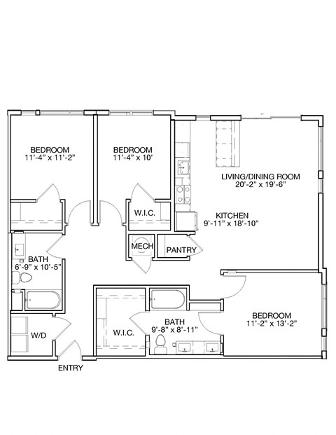 Floor plan for 3 beds, 2 baths, 1410 sqft